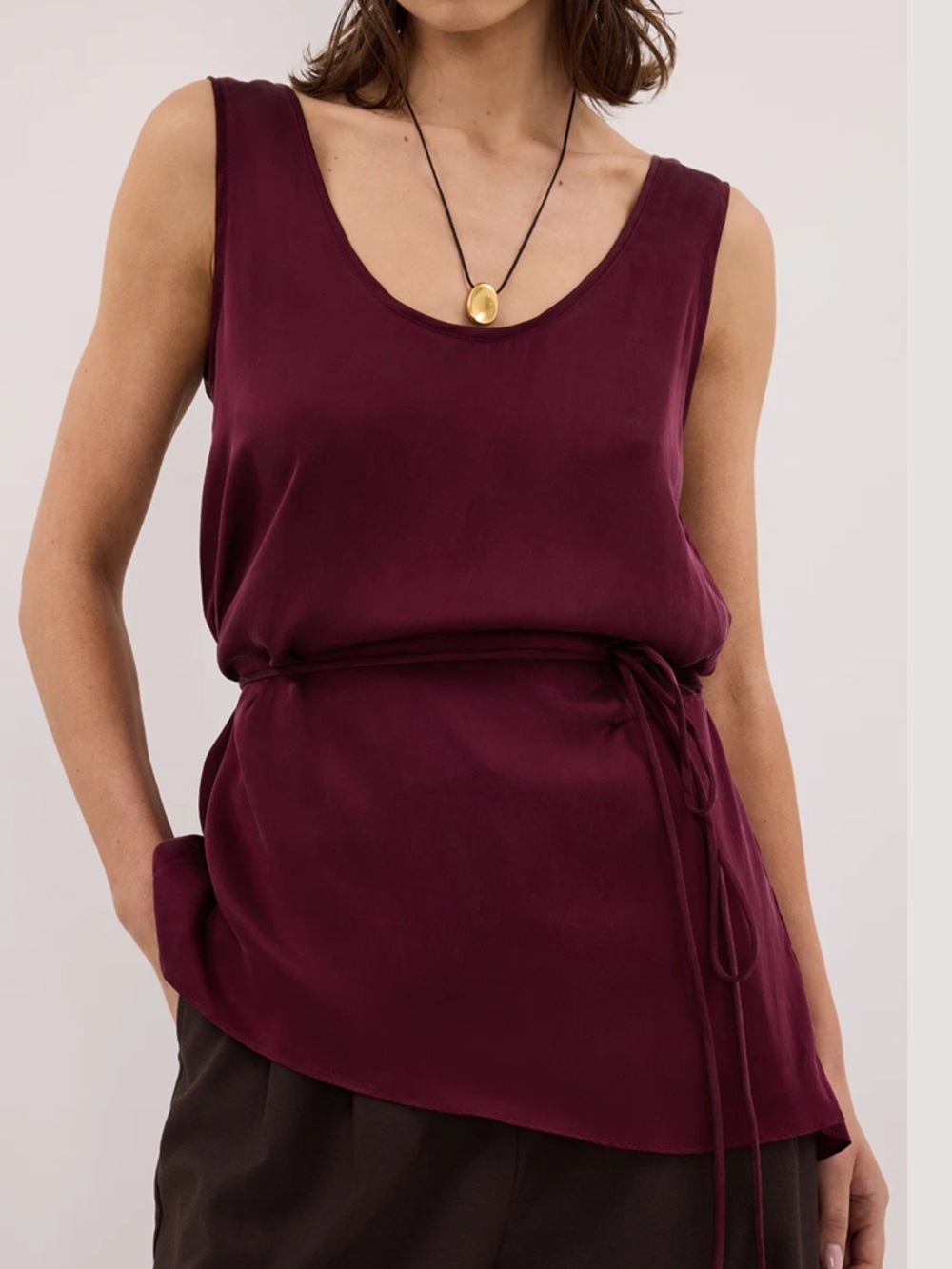 DISSH Burgundy Satin Scoop-Neck Tie Waist Tunic